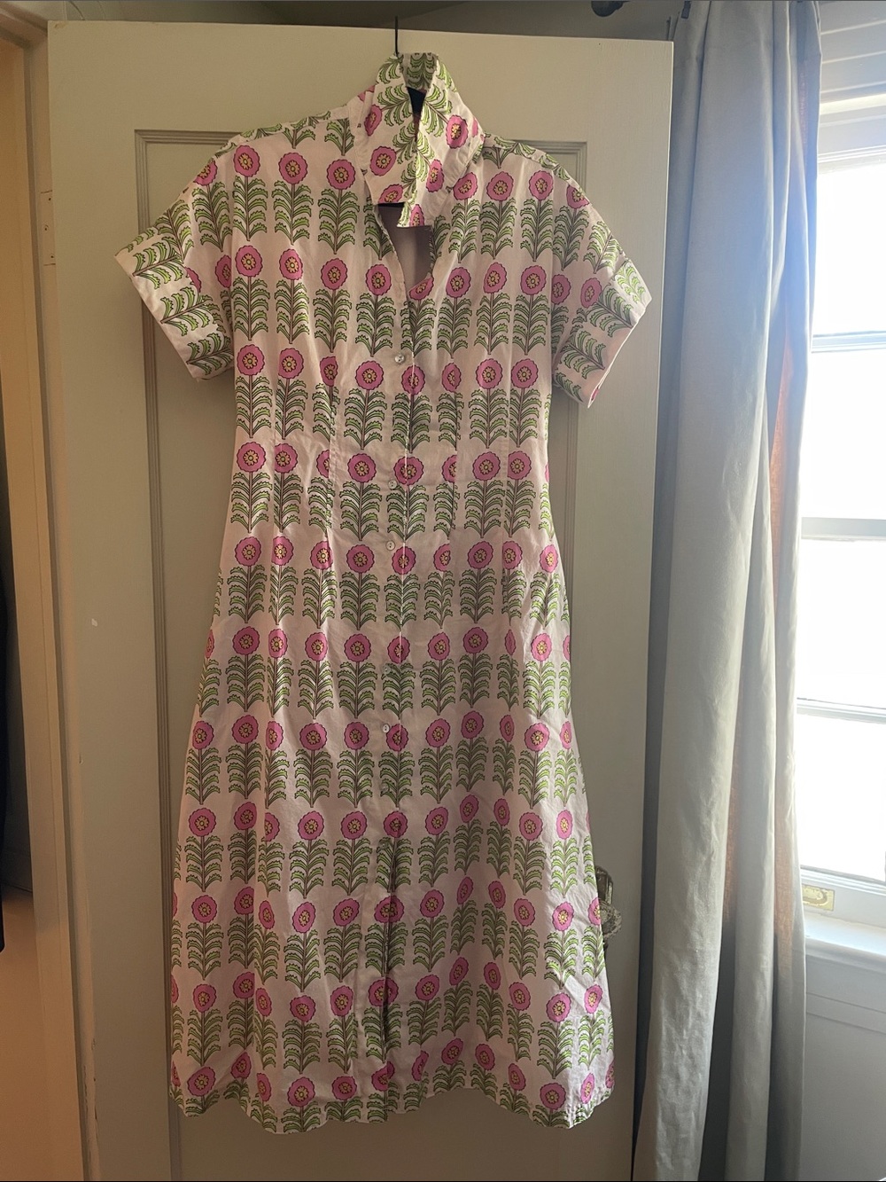 THML Pink and Green Floral Midi Shirt Dress